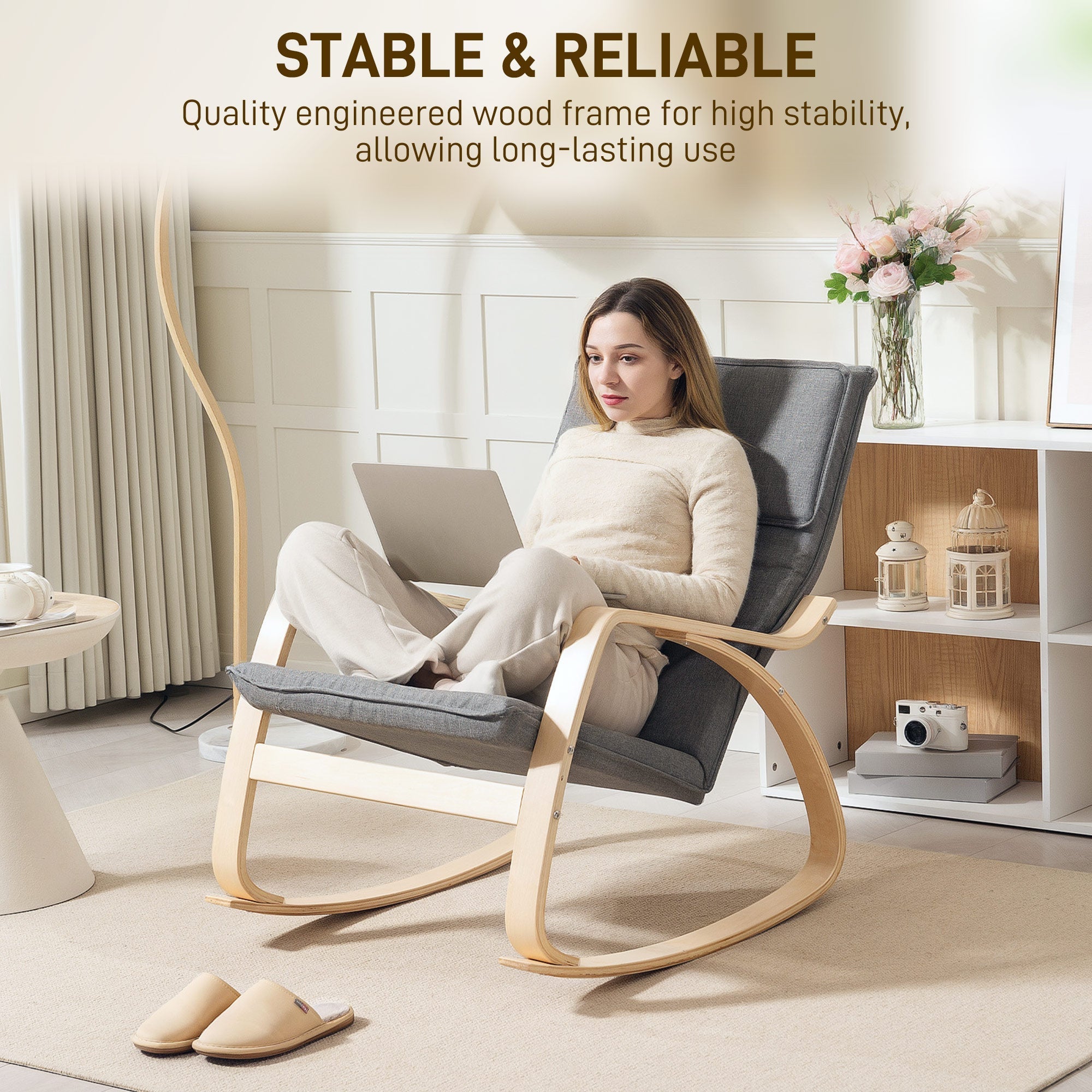 Gray upholstered rocking chair with breathable linen-feel fabric and light wood frame for living room comfort