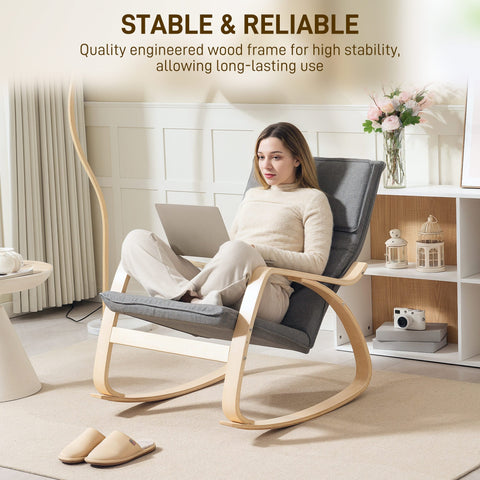 Gray upholstered rocking chair with breathable linen-feel fabric and light wood frame for living room comfort