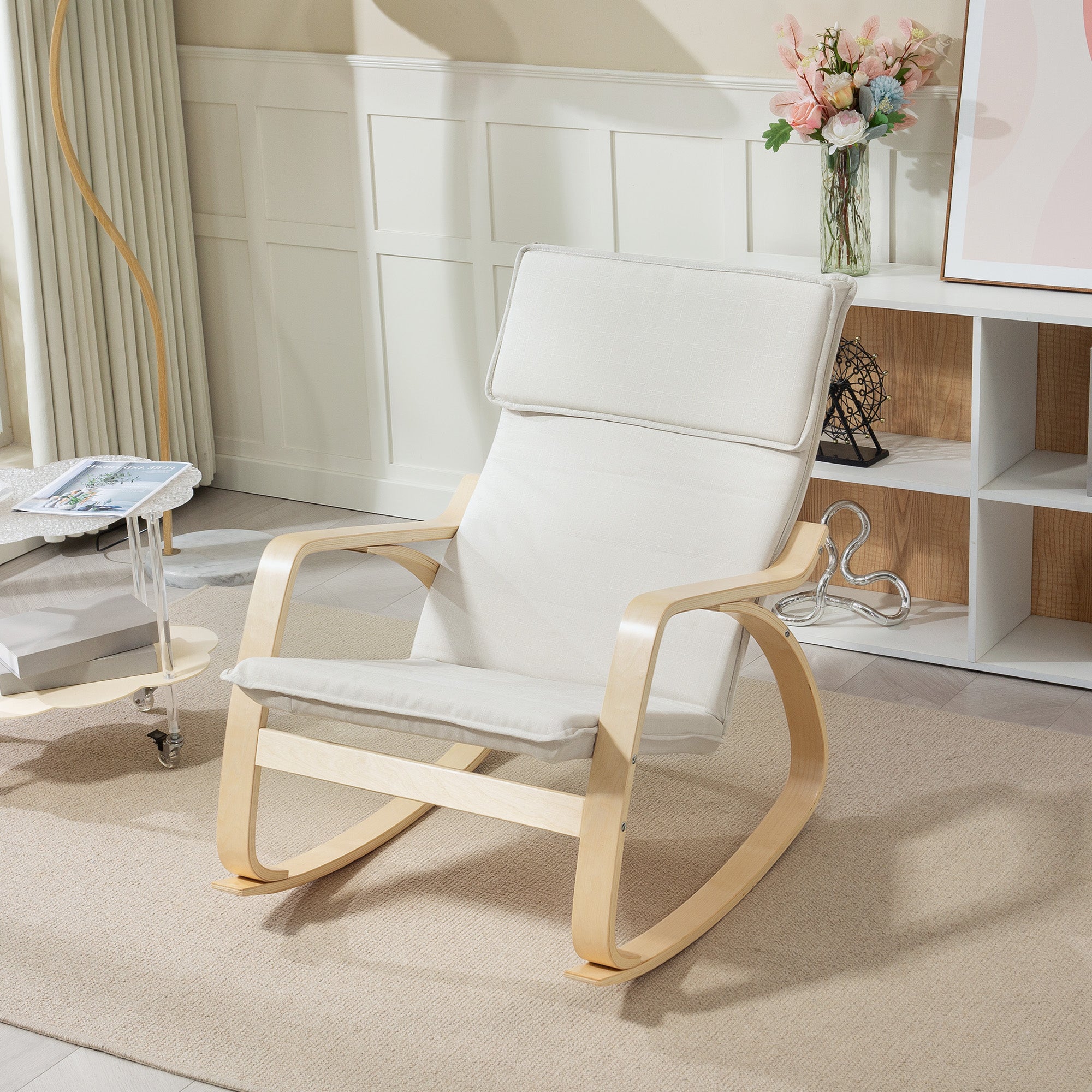 Cream white homcom rocking chair with breathable linen-feel fabric and light wood frame for living room relaxation