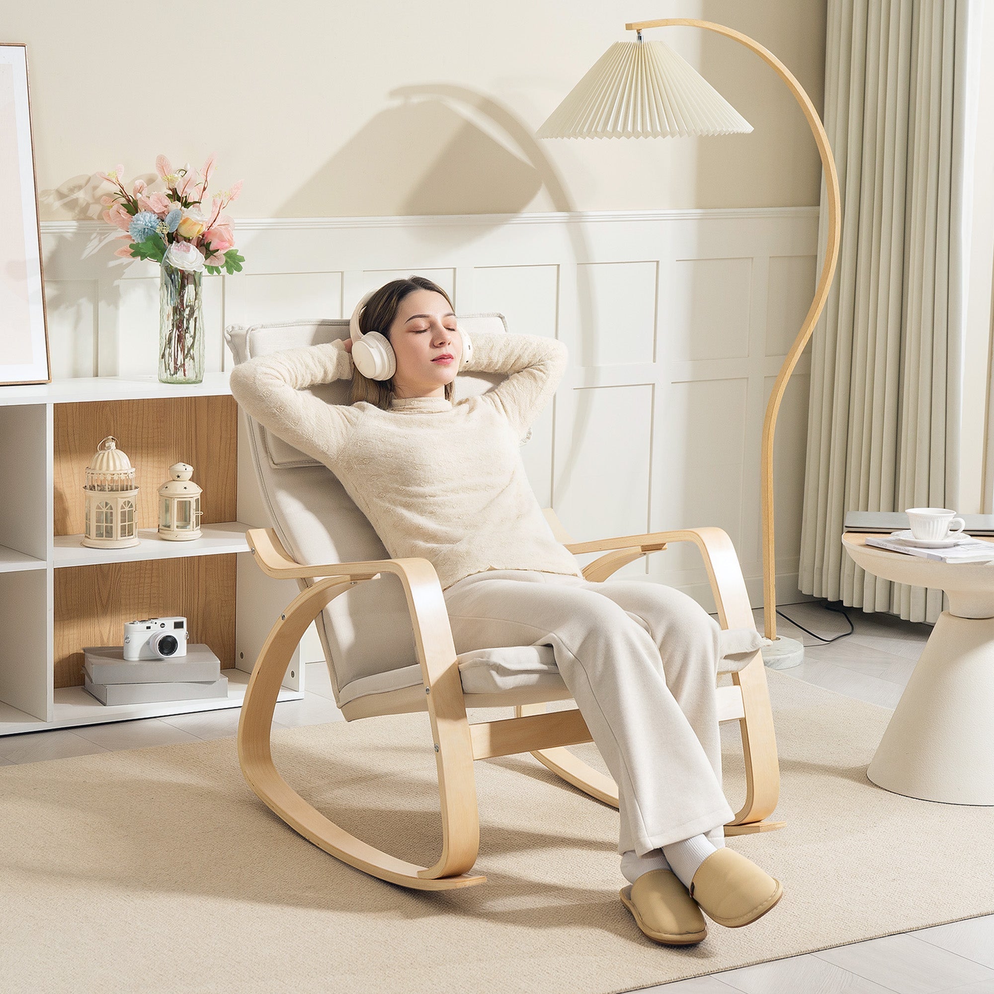 Light wood rocking chair with beige breathable linen-feel fabric seat and backrest for living room or bedroom use