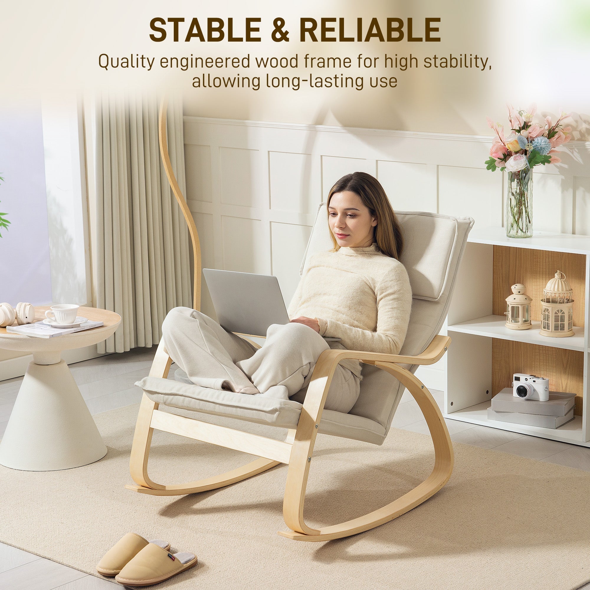 Light wood frame rocking chair with beige breathable linen-feel fabric seat and backrest for living room comfort