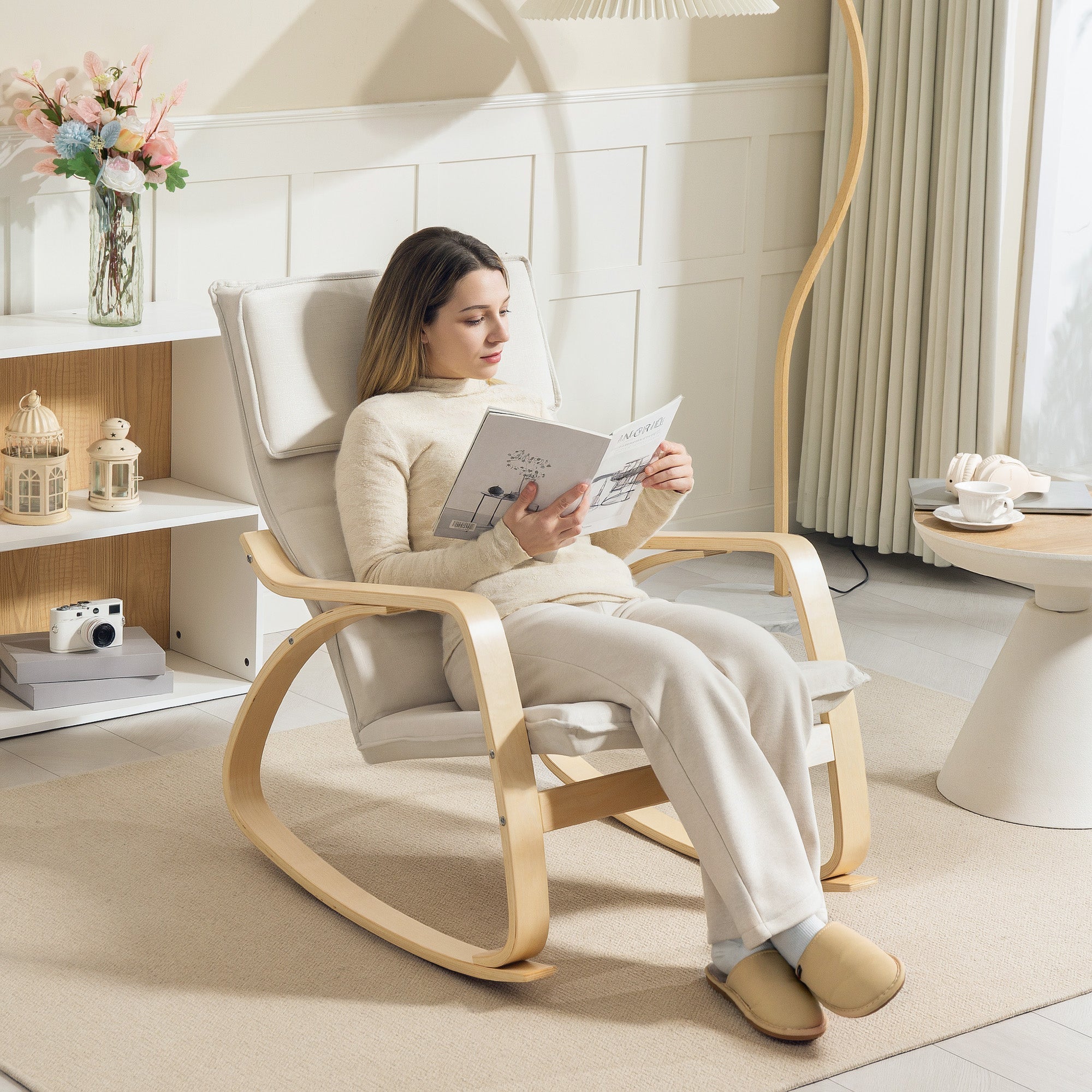 Light wood rocking chair with breathable linen-feel cream white upholstery perfect for living room or bedroom relaxation