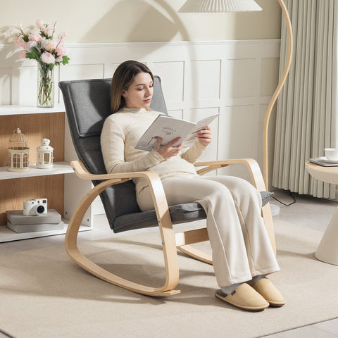 Gray upholstered rocking chair with breathable linen-feel fabric and light wood frame for living room and bedroom use