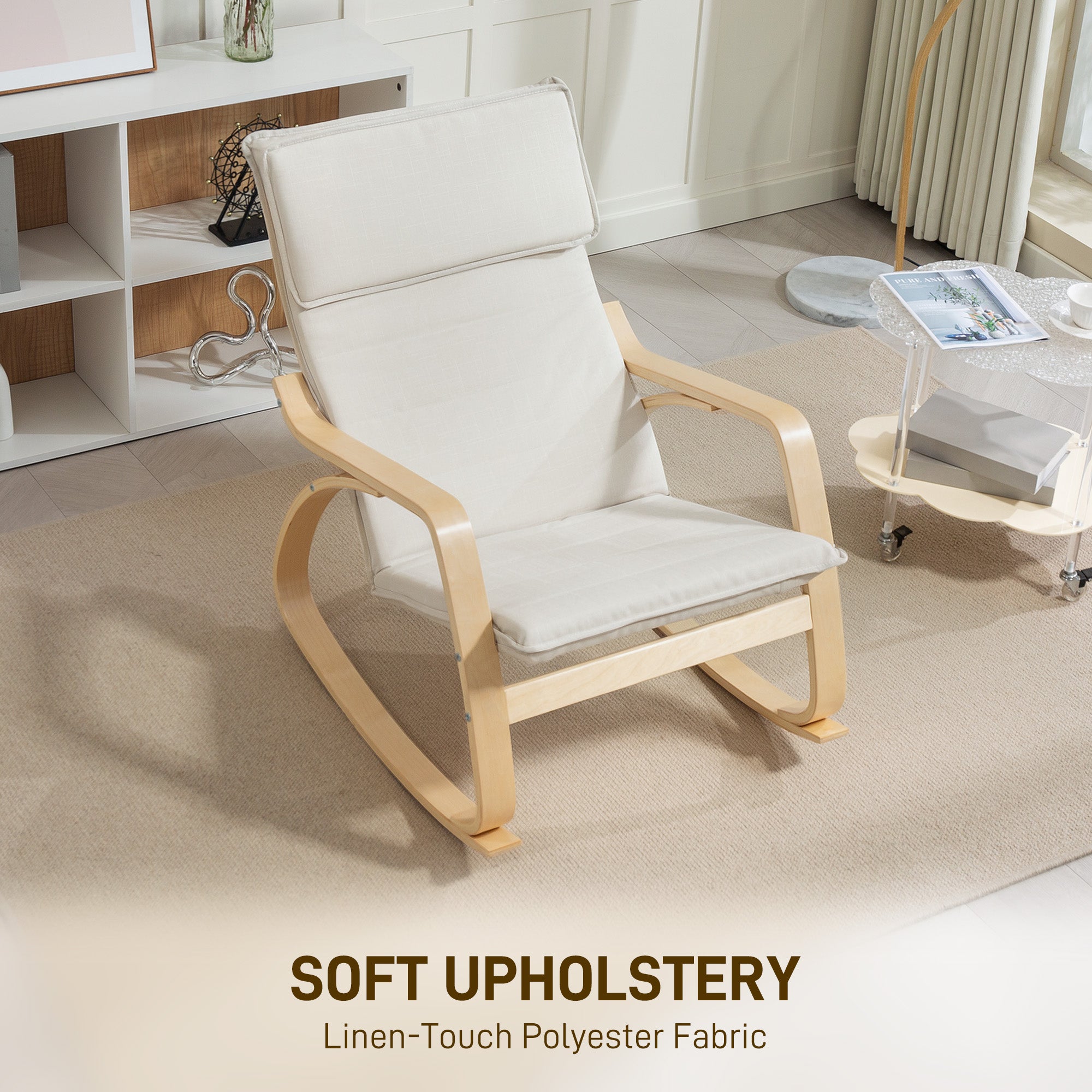 Beige linen-touch polyester rocking chair with light wood frame featuring breathable linen-feel fabric for living room