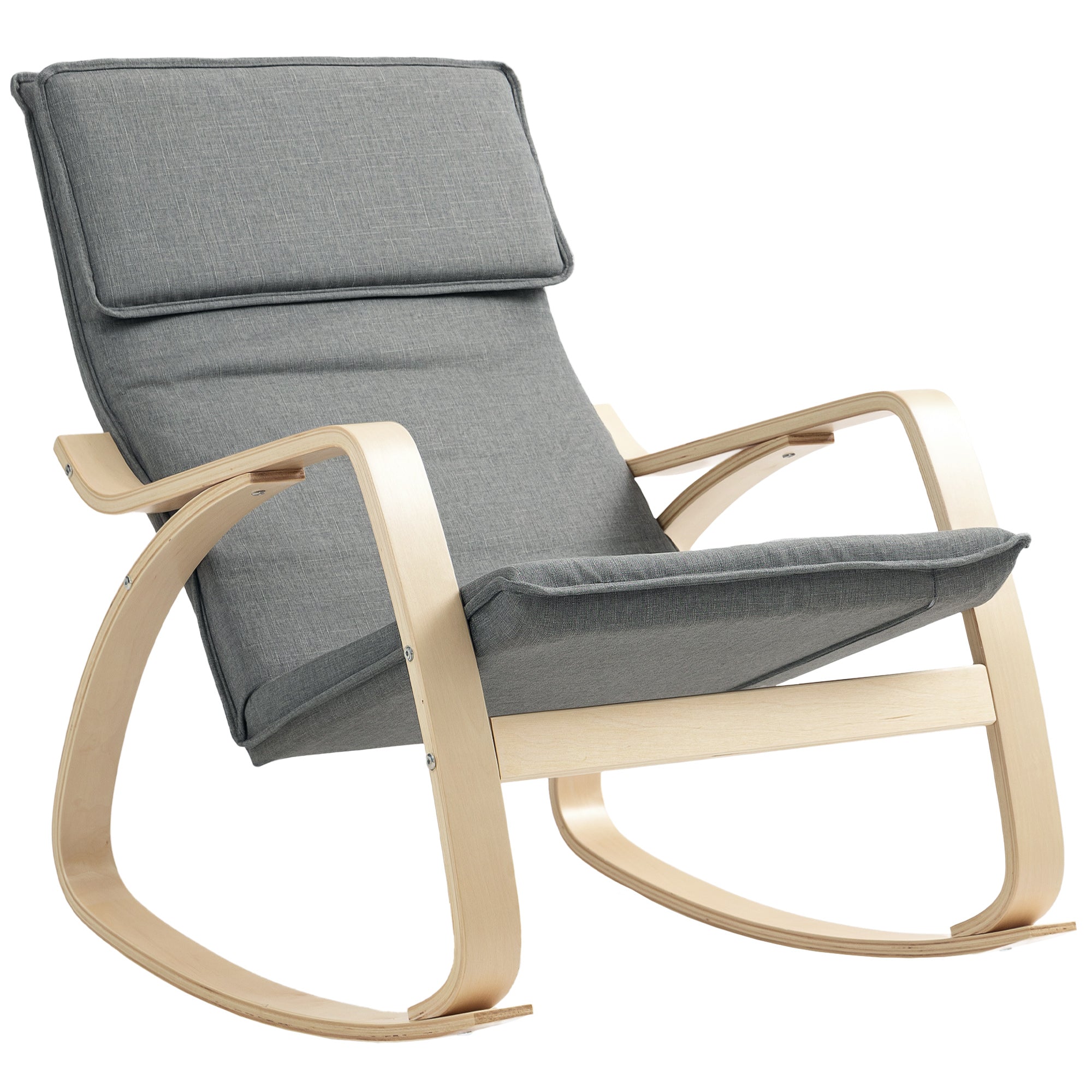 Gray upholstered rocking chair with breathable linen-feel fabric and light wood frame from homcom for living room