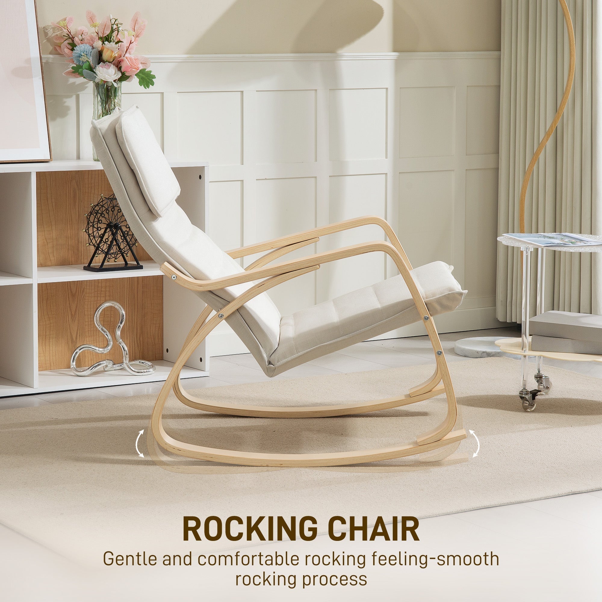 Light wood frame rocking chair with white breathable linen-feel cushioned seat for living room comfort