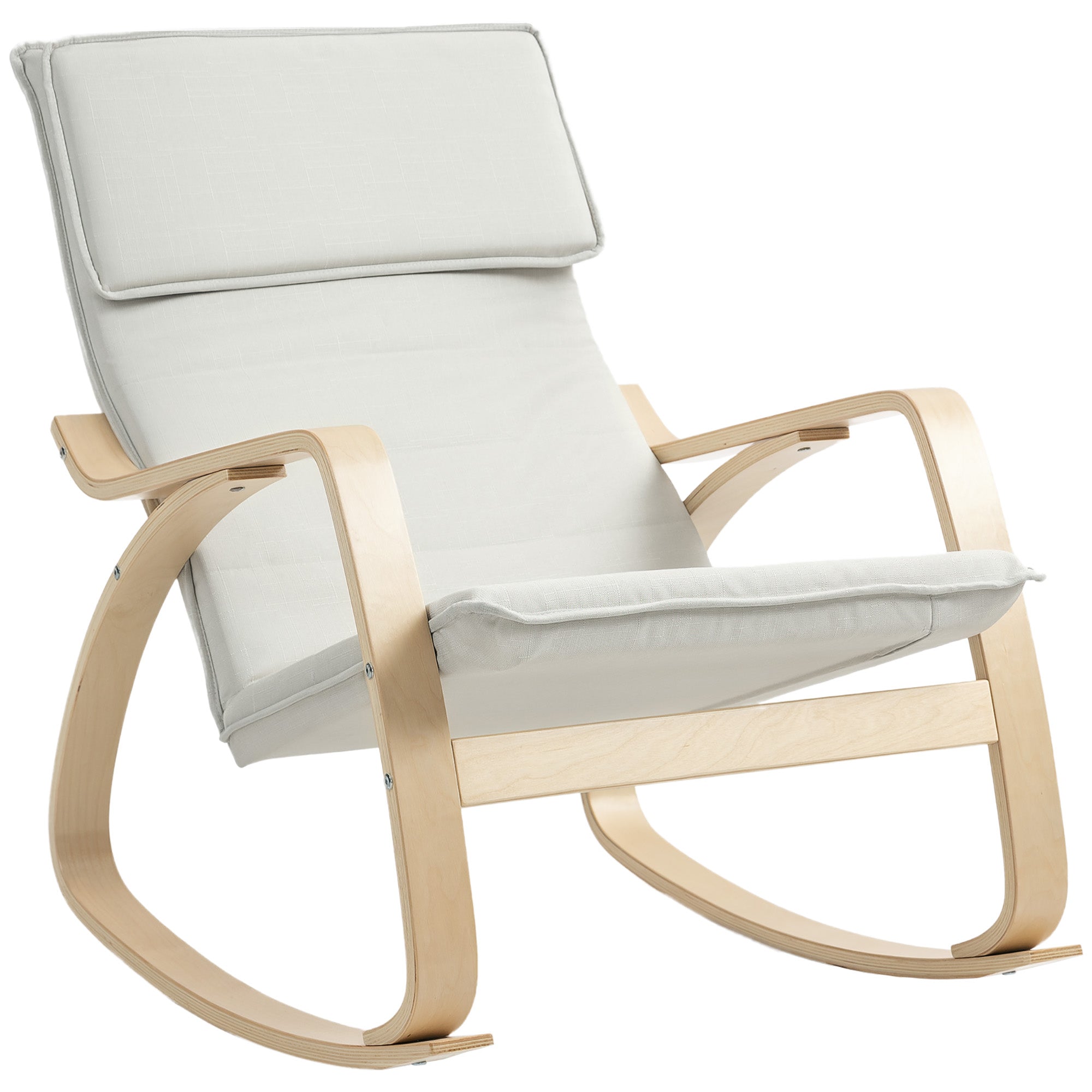 Light wood frame rocking chair with breathable linen-feel fabric cushions in cream white for living room and bedroom