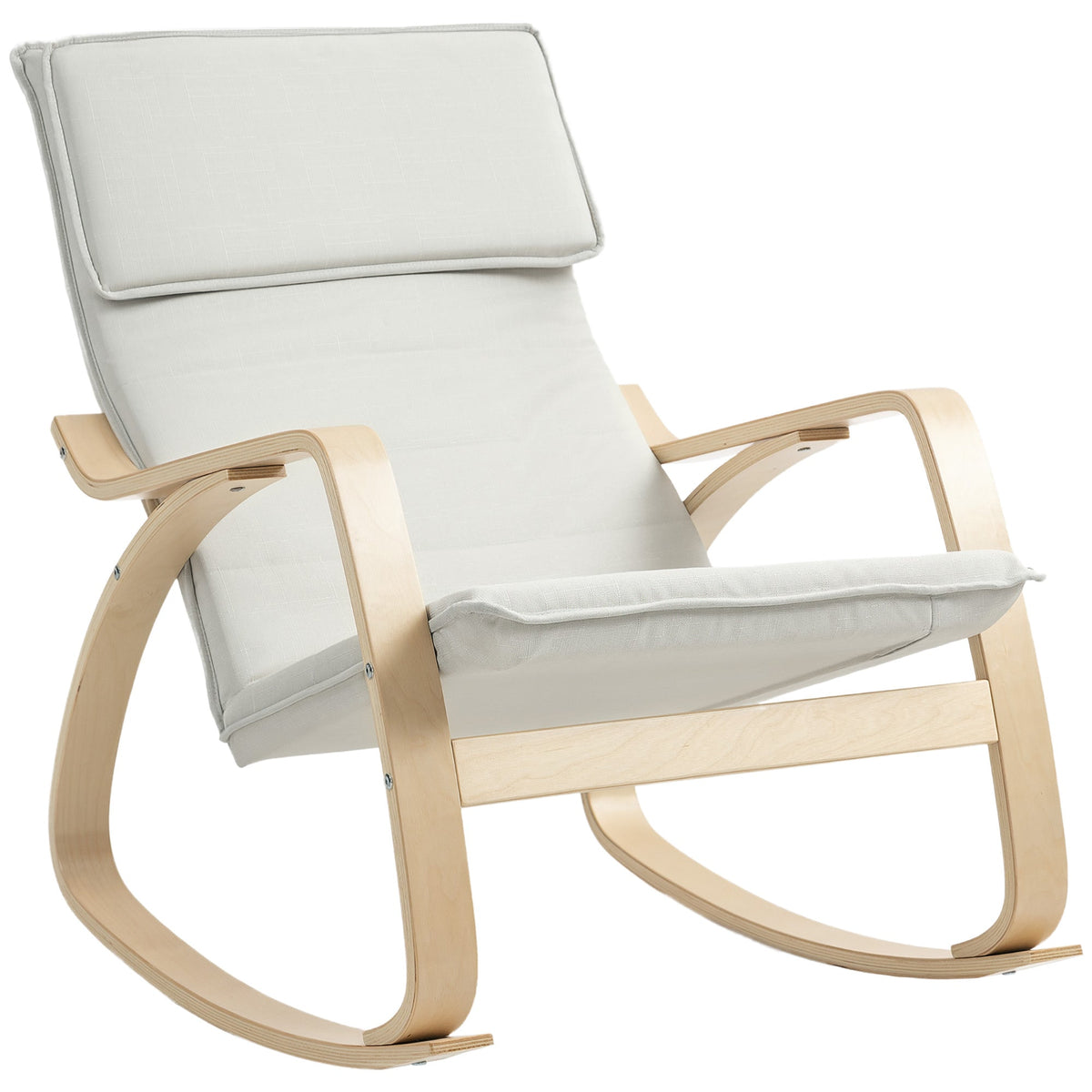 Light wood frame rocking chair with breathable linen-feel fabric cushions in cream white for living room and bedroom