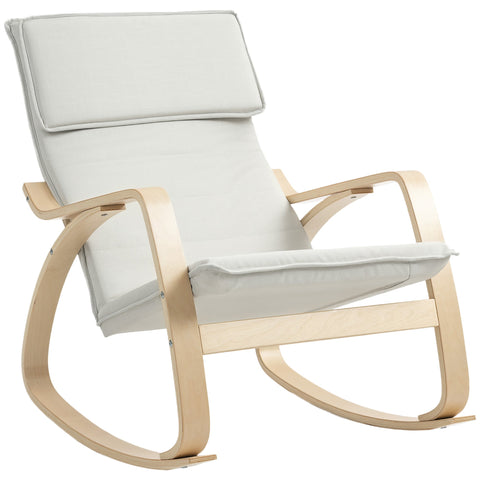 Light wood frame rocking chair with breathable linen-feel fabric cushions in cream white for living room and bedroom