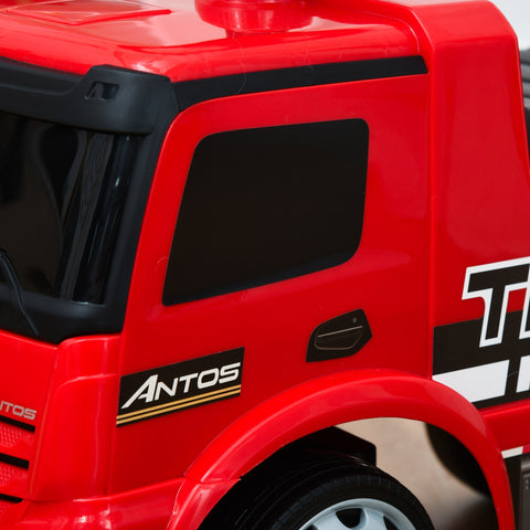 Red homcom ride on truck with antos branding featuring anti-overturning brake sliding car and seat storage for toddlers