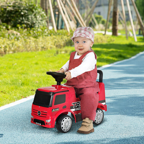 Red plastic mercedes-benz antos ride-on truck with anti-overturning brake and under seat storage for toddlers 12-36 months