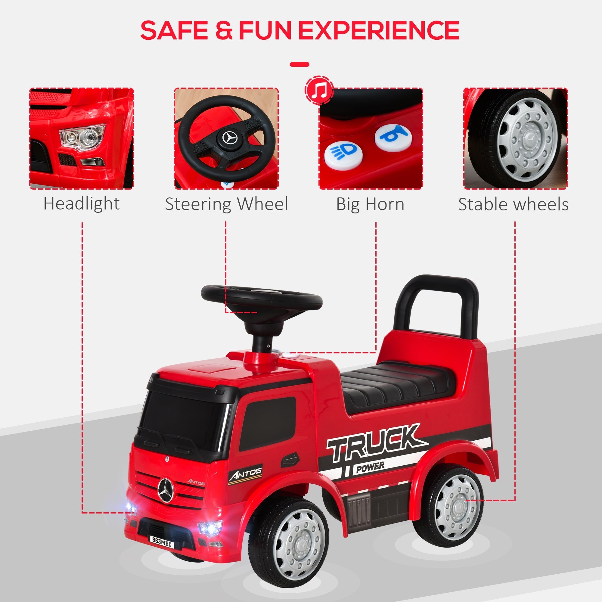 Red mercedes-benz antos ride-on truck with sliding car design, anti-overturning brake, and under seat storage for toddlers