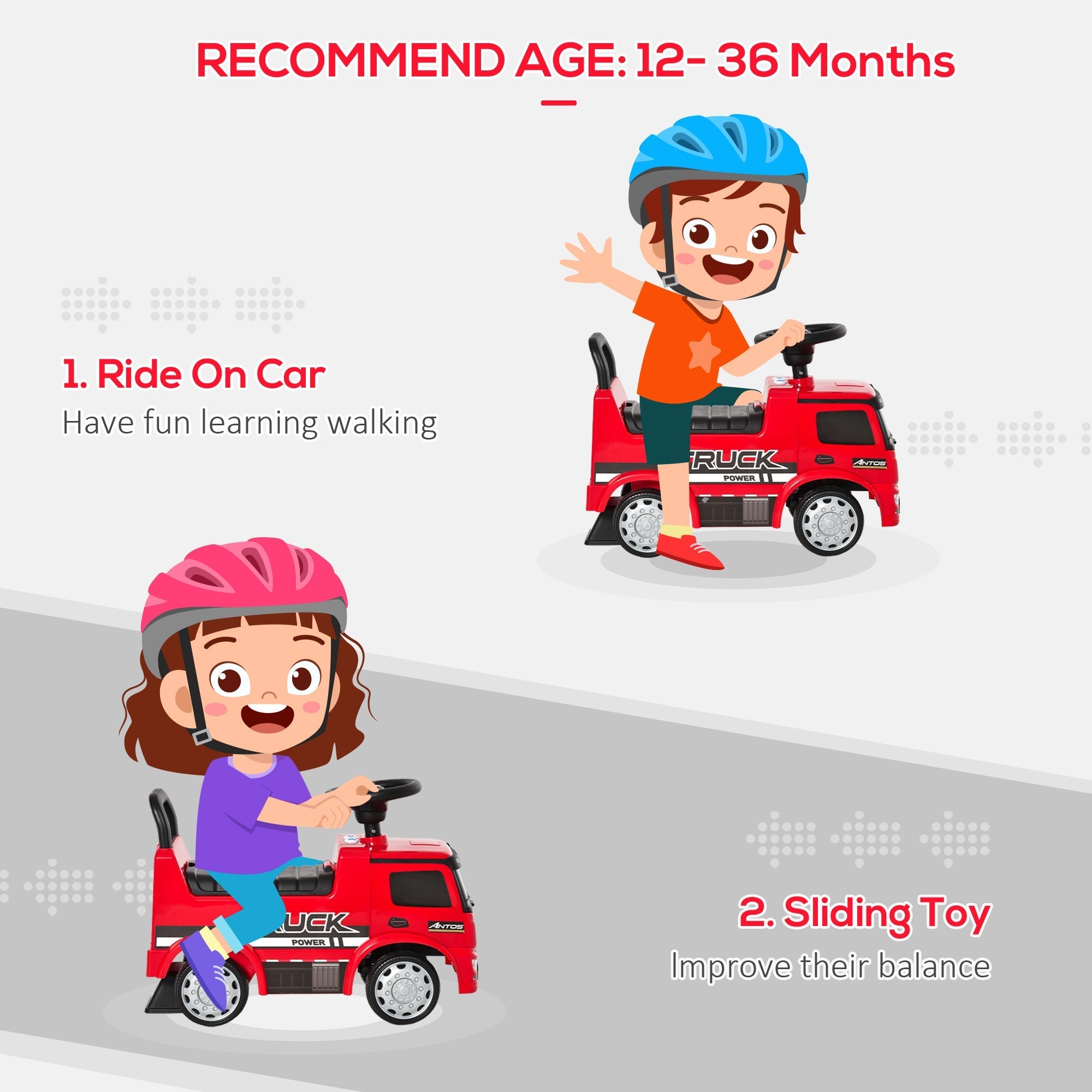 Red homcom kids ride on truck with anti-overturning brake and seat storage helmet options for toddlers