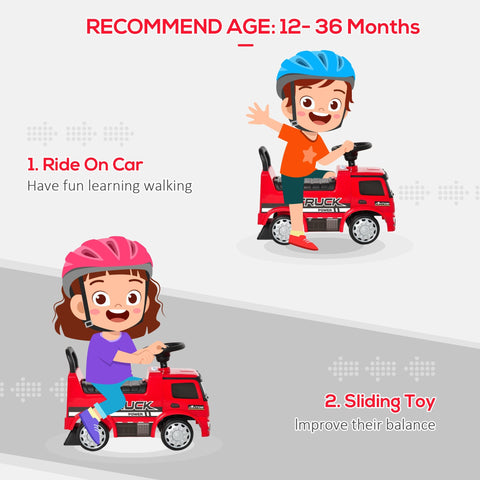 Red homcom kids ride on truck with anti-overturning brake and seat storage helmet options for toddlers