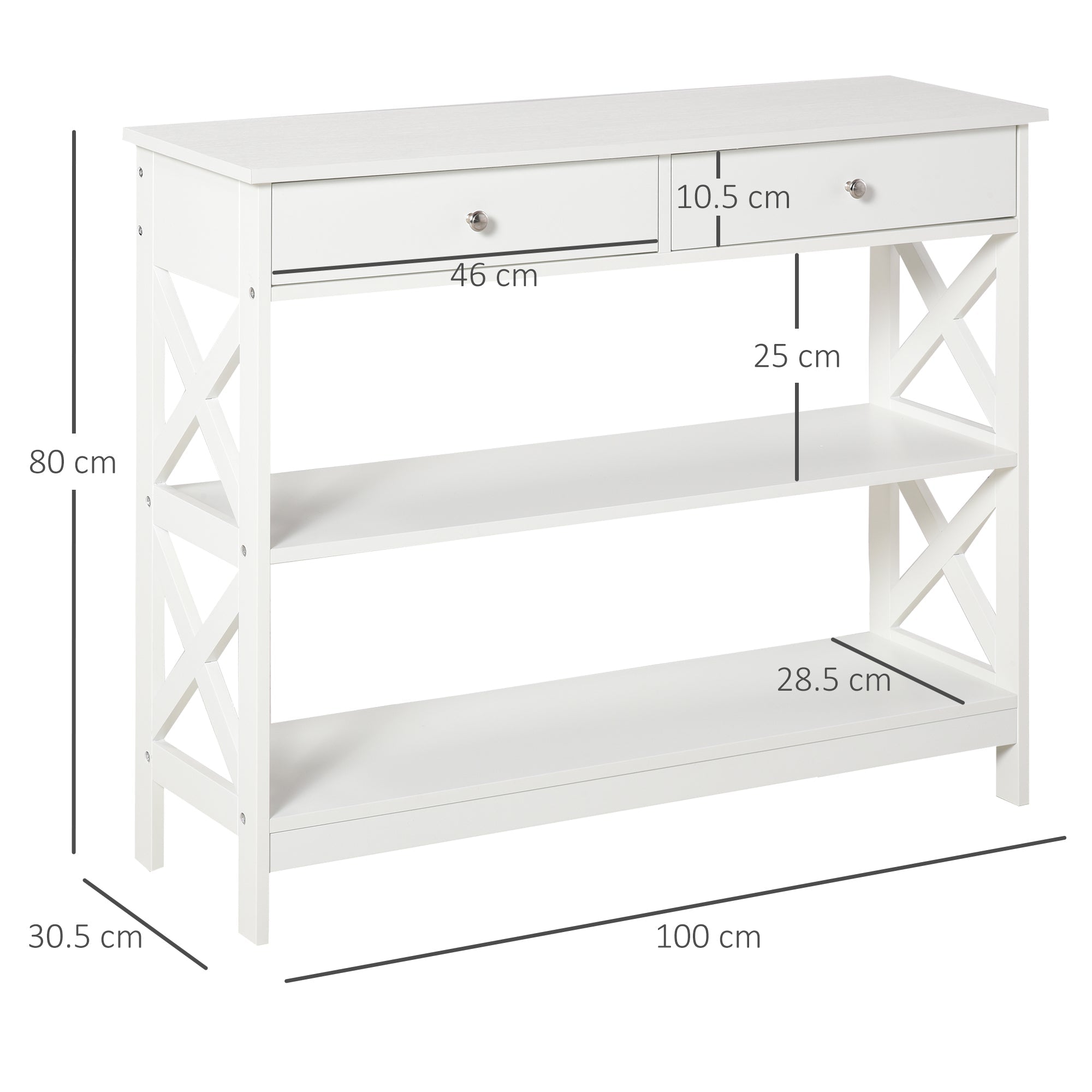 White wooden console table with x support frame features two drawers and open shelves for living room or office use