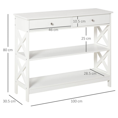 White wooden console table with x support frame features two drawers and open shelves for living room or office use