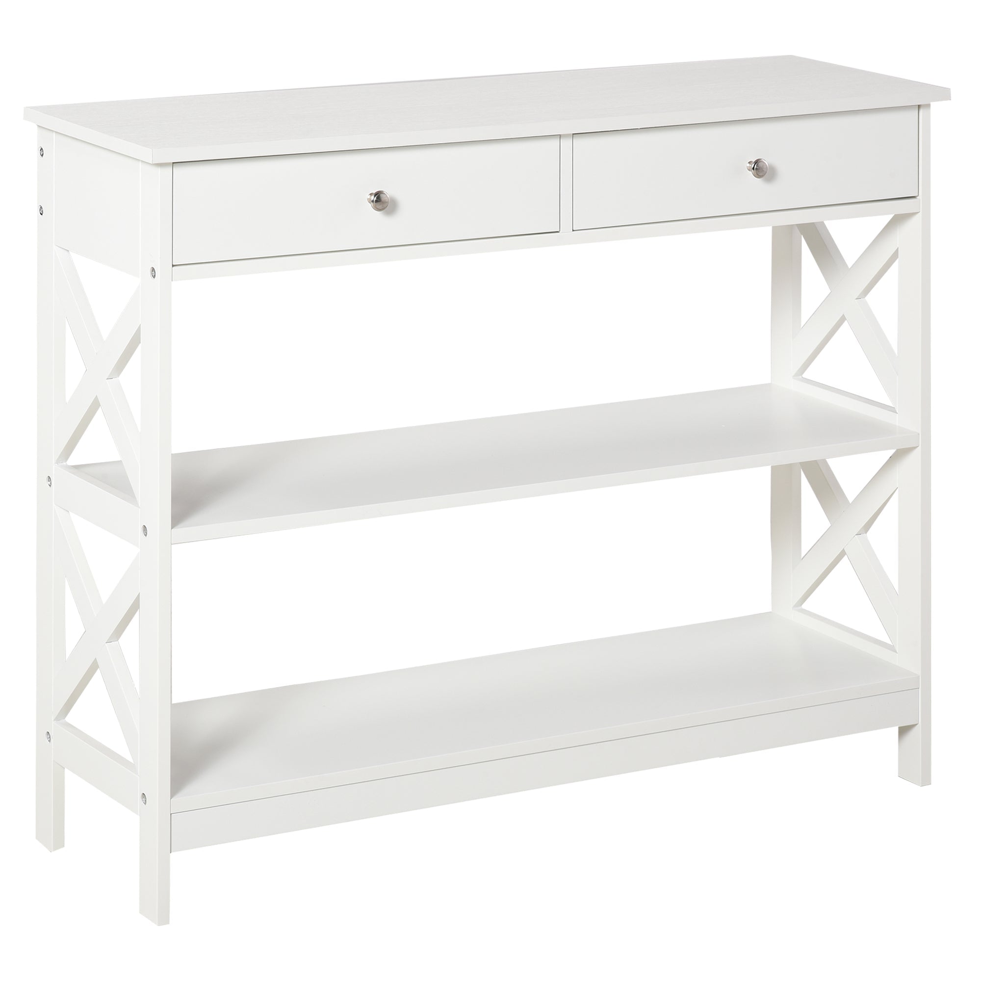 White HOMCOM console table with two drawers open shelves and x support frame for living room or office use