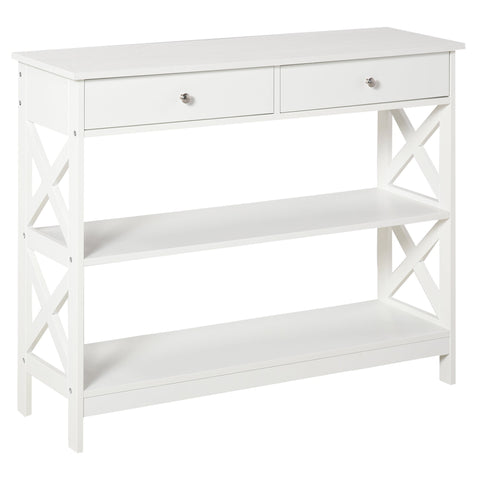 White HOMCOM console table with two drawers open shelves and x support frame for living room or office use