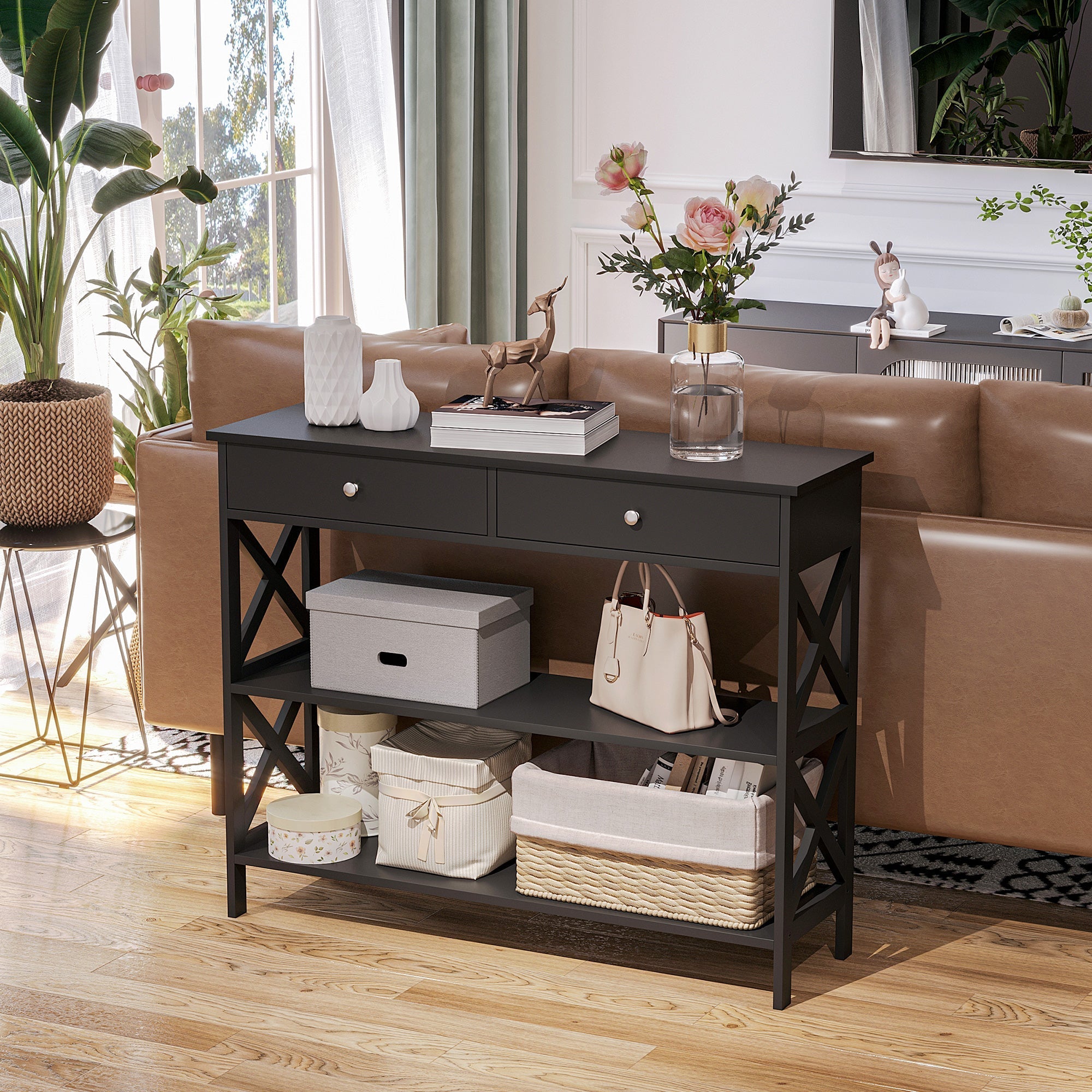 Dark gray homcom console table with x-shaped legs features two drawers and open top for living room or office use