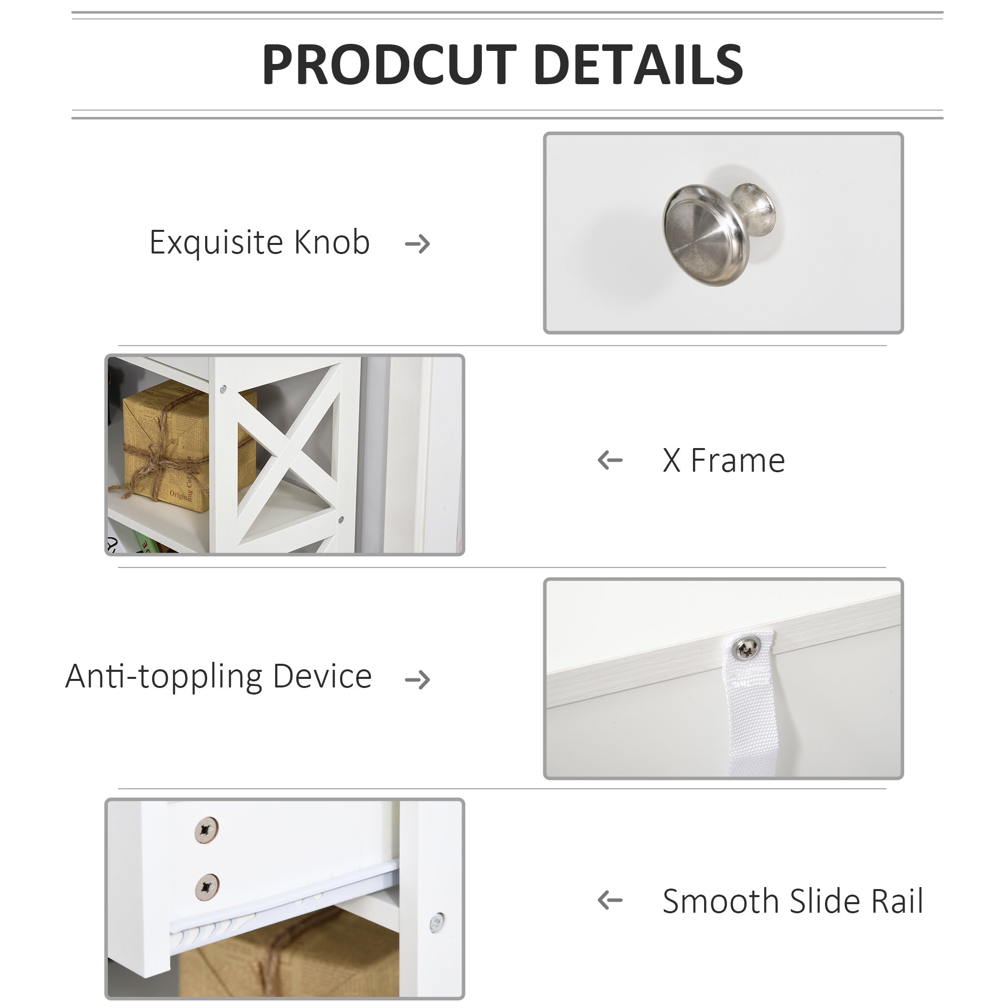 White console table with x-frame design, silver knobs, two drawers, and anti-toppling device for living room use