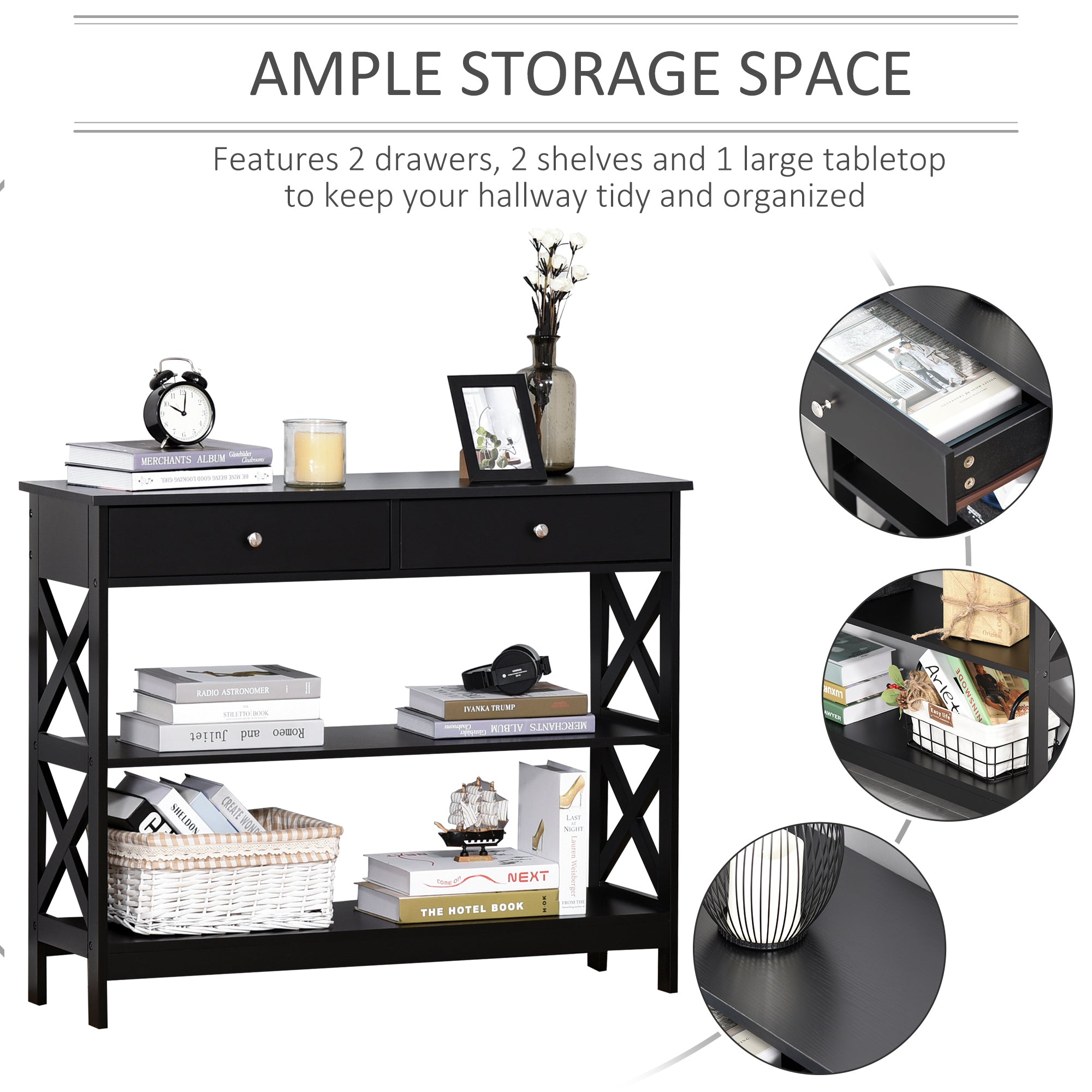 Black homcom console table with x support frame features two drawers two shelves and a large tabletop for living room use