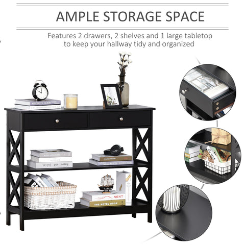 Black homcom console table with x support frame features two drawers two shelves and a large tabletop for living room use