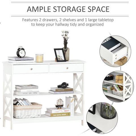 White homcom console table with x-shaped legs features two drawers two shelves and large tabletop for living room use