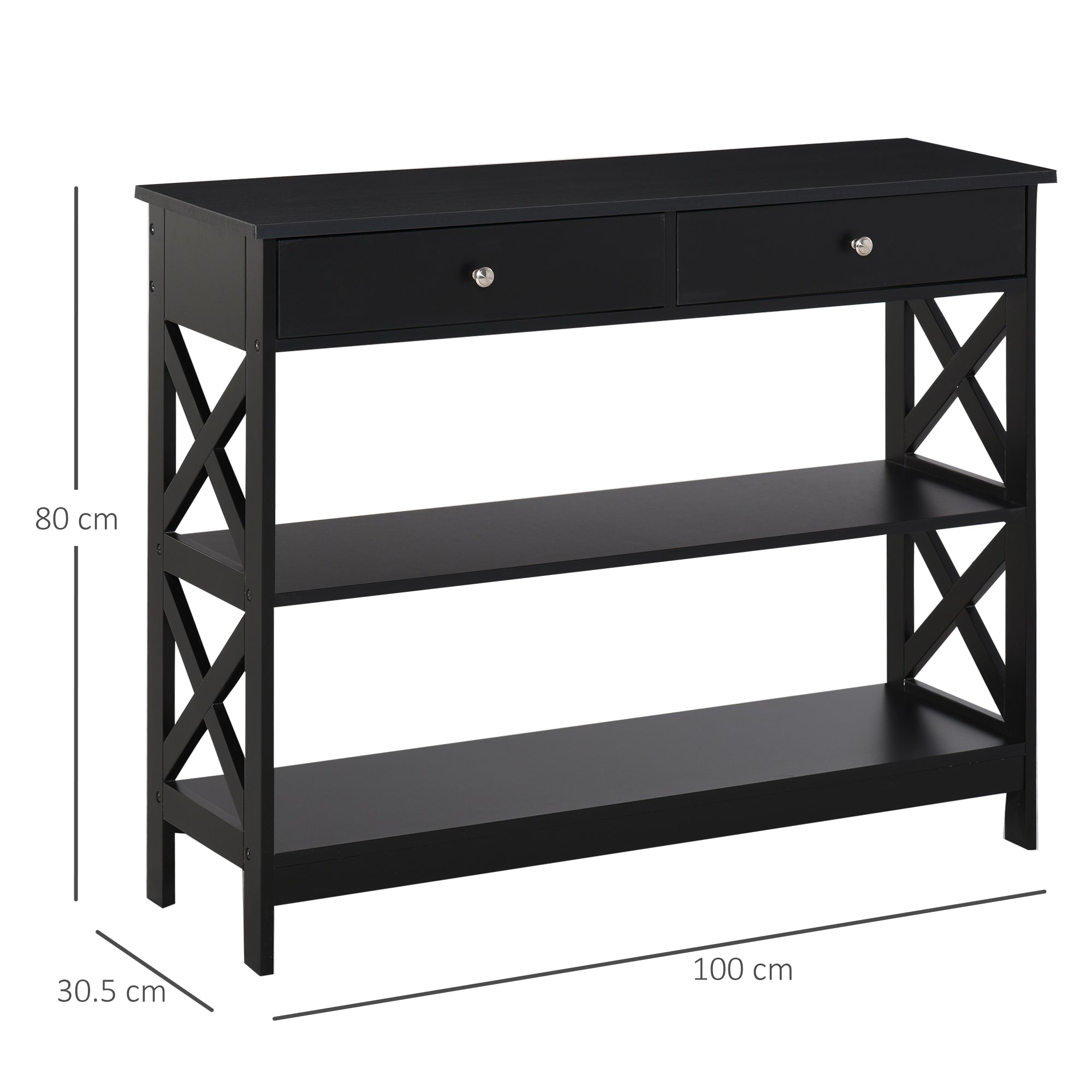 Black console table with two drawers and open shelves featuring sleek x-shaped leg design for living room or office use