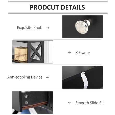 Black metal console table with x-frame design features two drawers with polished silver knobs and smooth slide rails