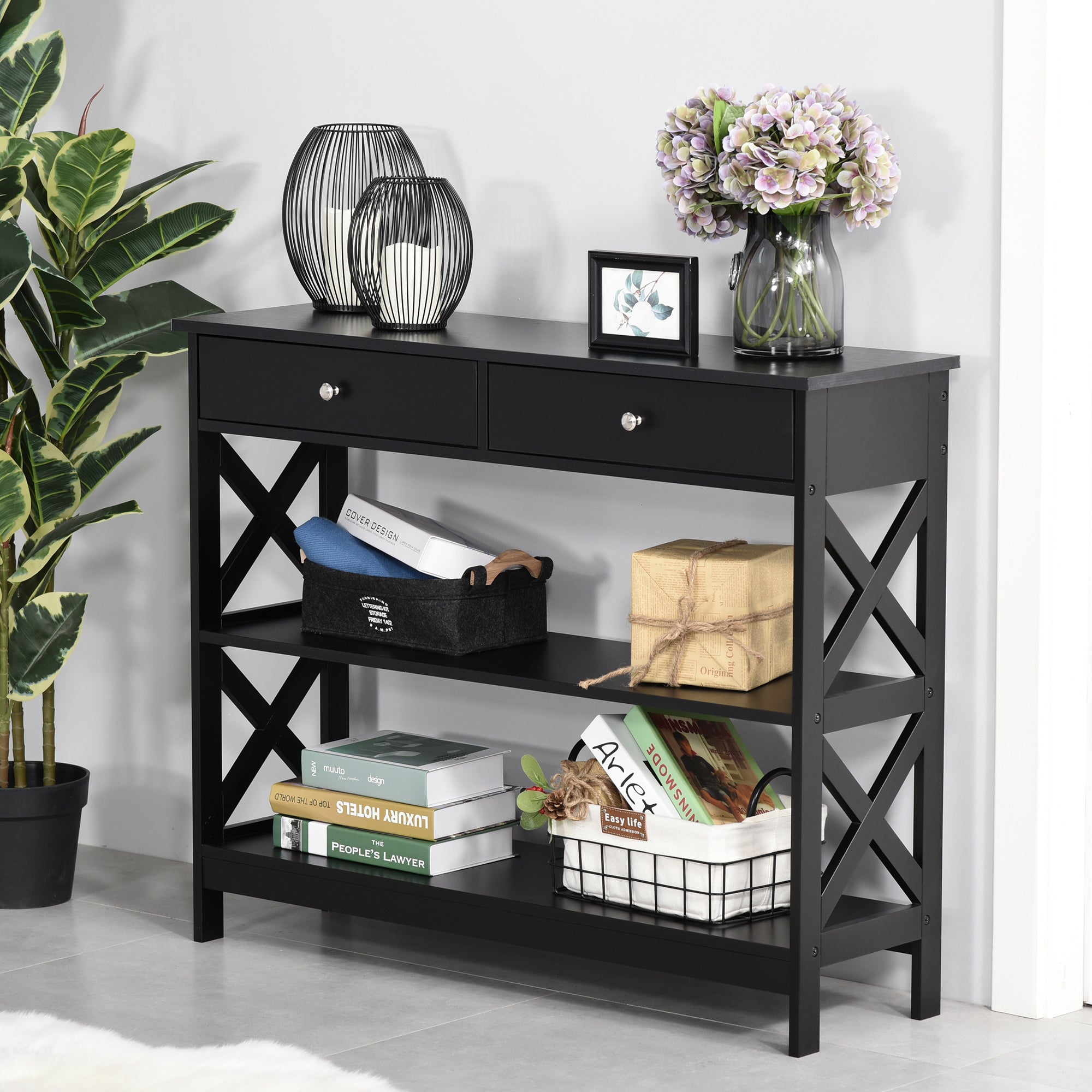 Black homcom console table with two drawers and open shelves features sleek x support frame for living room or office