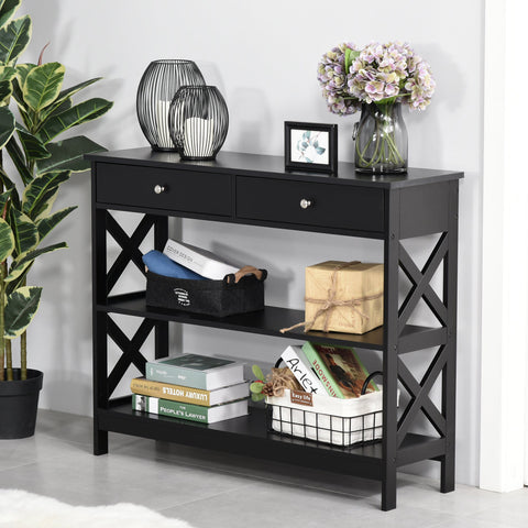Black homcom console table with two drawers and open shelves features sleek x support frame for living room or office