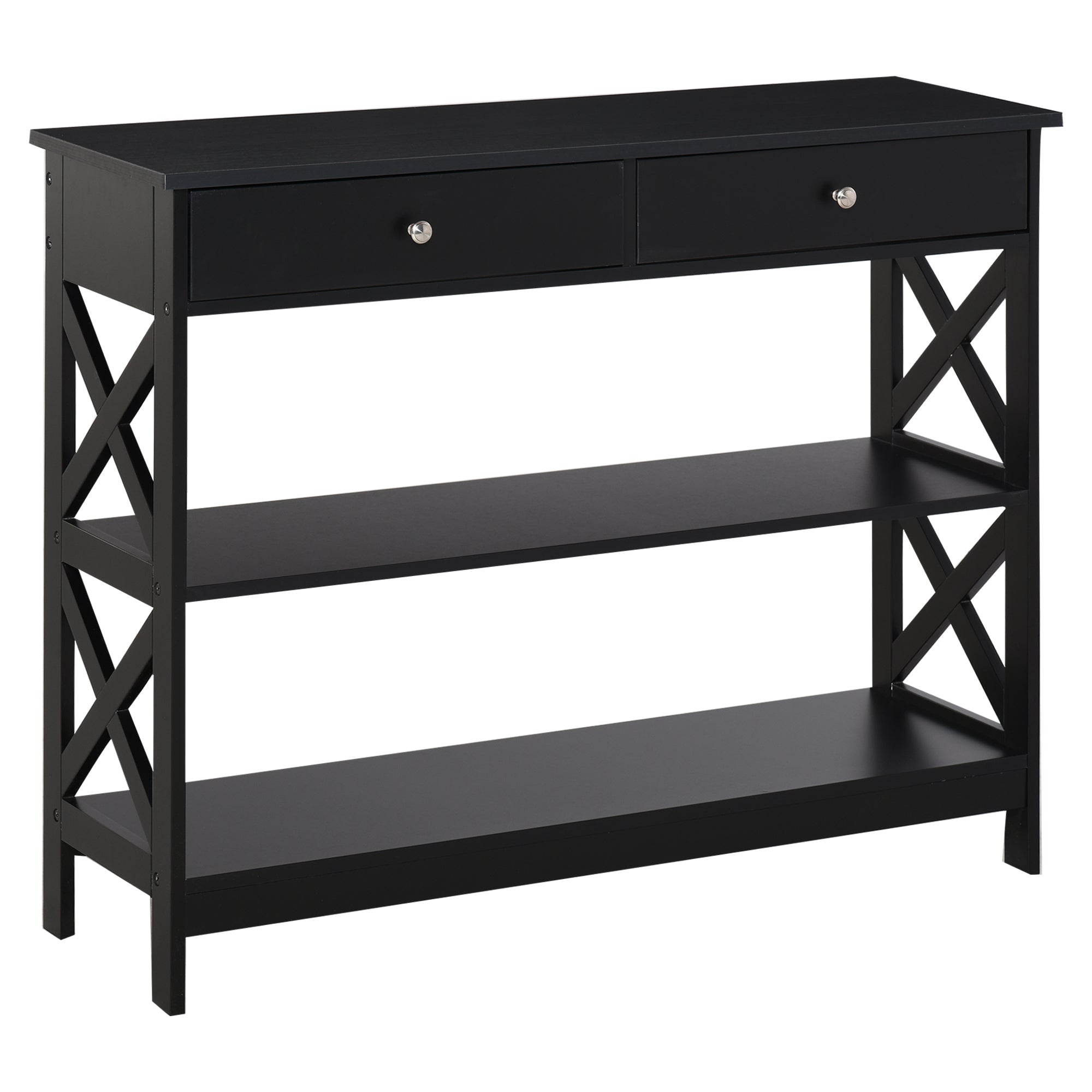 Black homcom console table features two drawers open shelves and x-shaped lattice legs for living room or office use