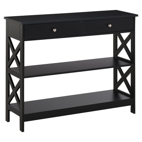 Black homcom console table features two drawers open shelves and x-shaped lattice legs for living room or office use