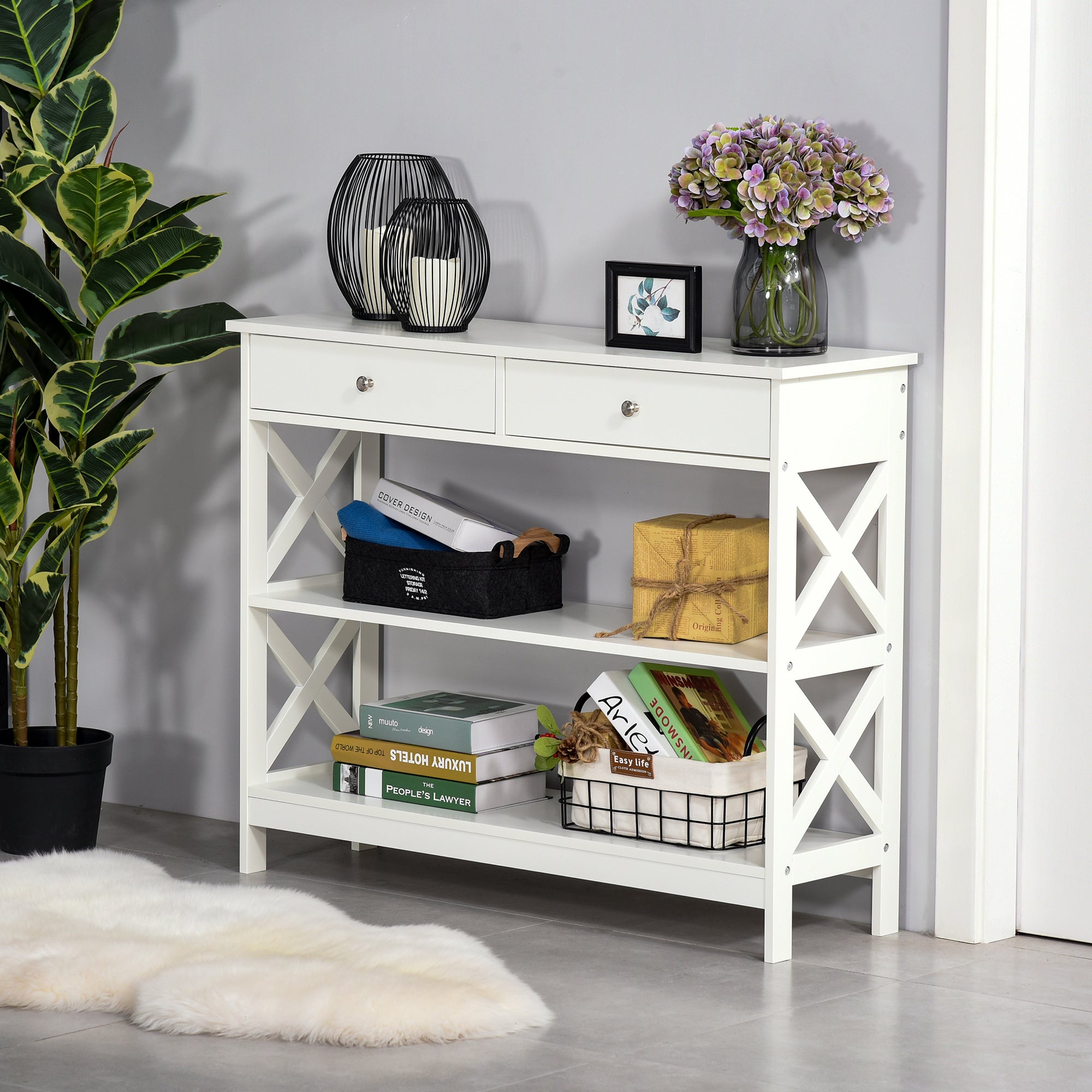 White homcom console table with two drawers and open shelves features x support frame for living room or office use