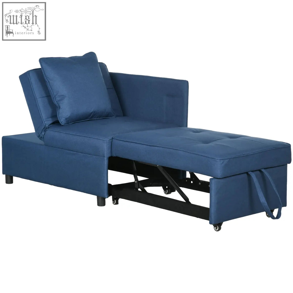 Blue upholstered homcom convertible chair bed with thick padded seat and matching pillow for studio flats