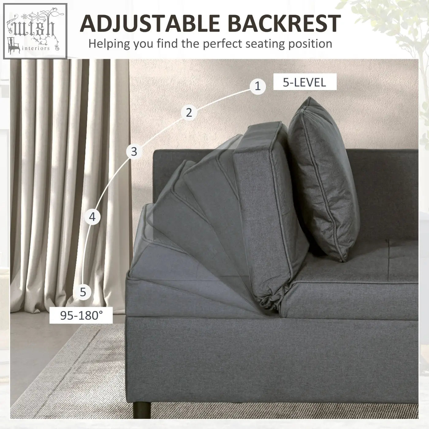 Gray fabric backrest with five adjustable levels on homcom padded seat chair bed for studio flats and living rooms