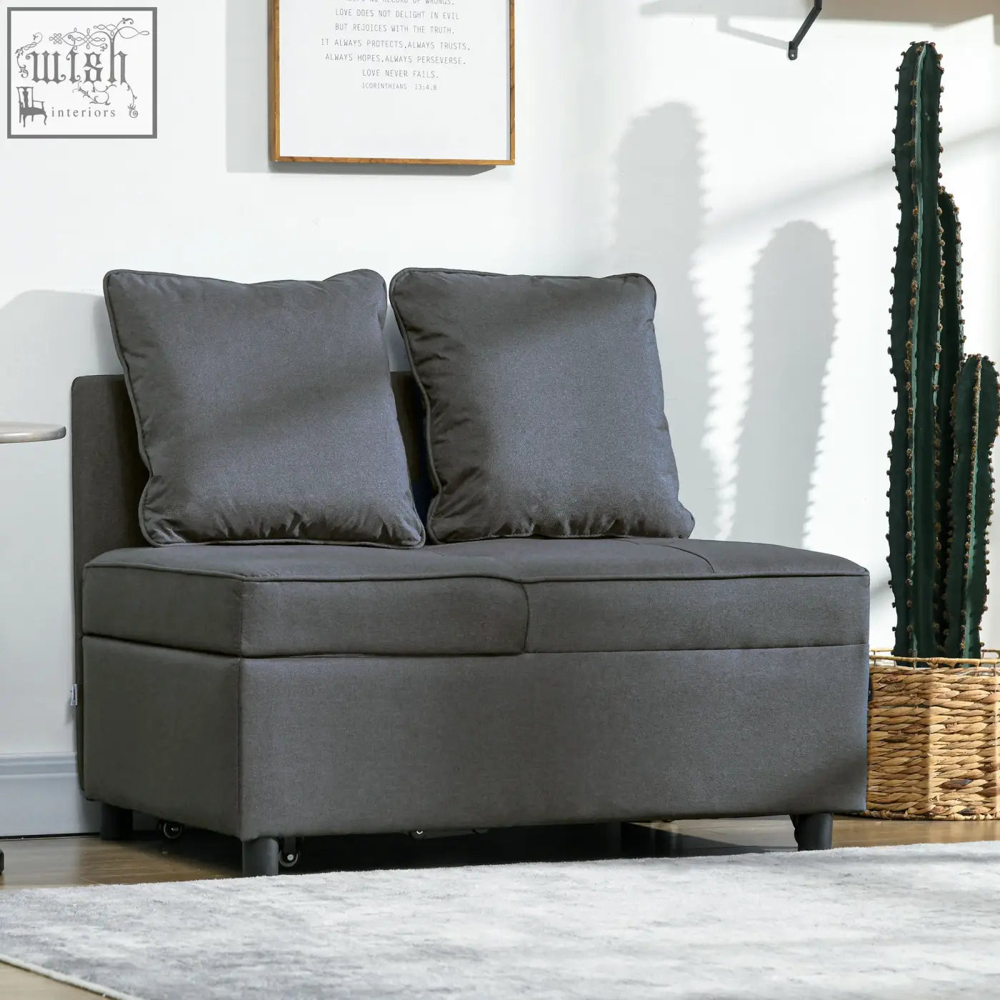 Homcom gray upholstered chair bed with thick padded seat, black caster wheels, and matching pillows for studio flats