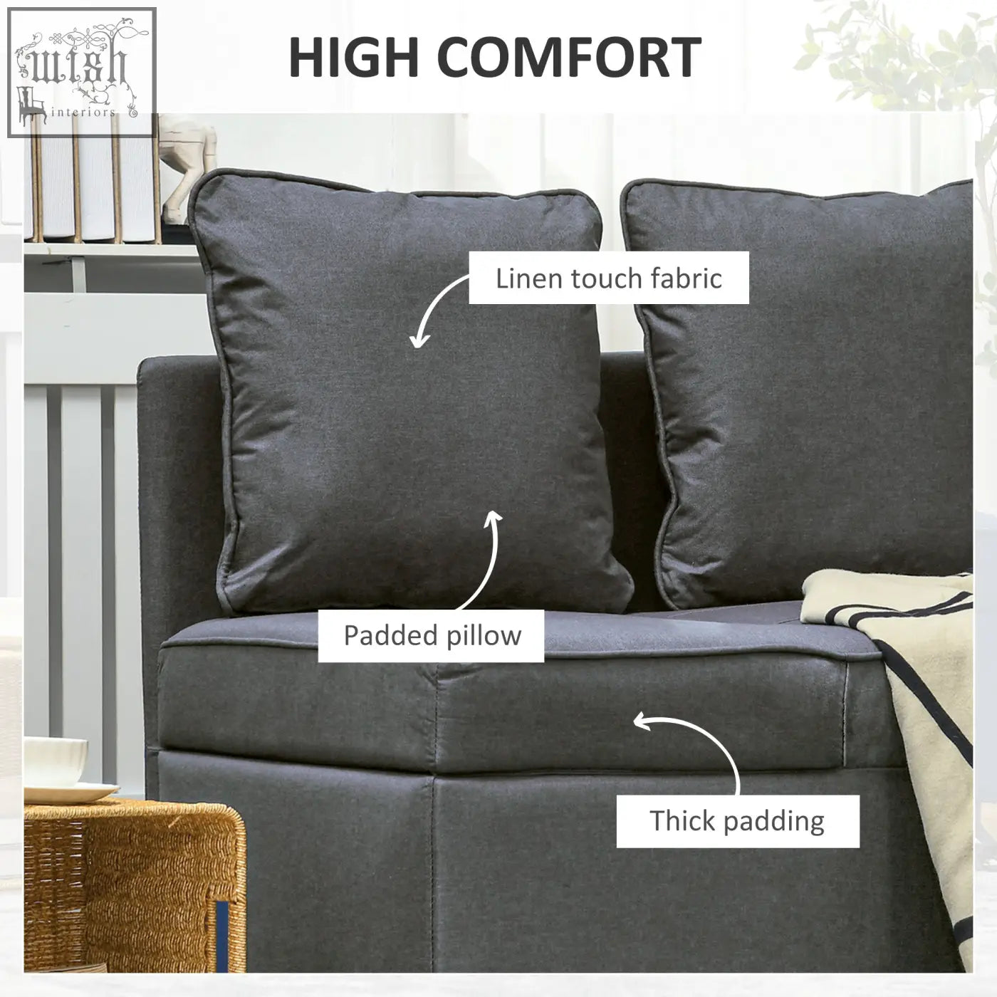 Dark gray linen-touch chair bed with thick padded seat and cushions perfect for studio flats and living rooms
