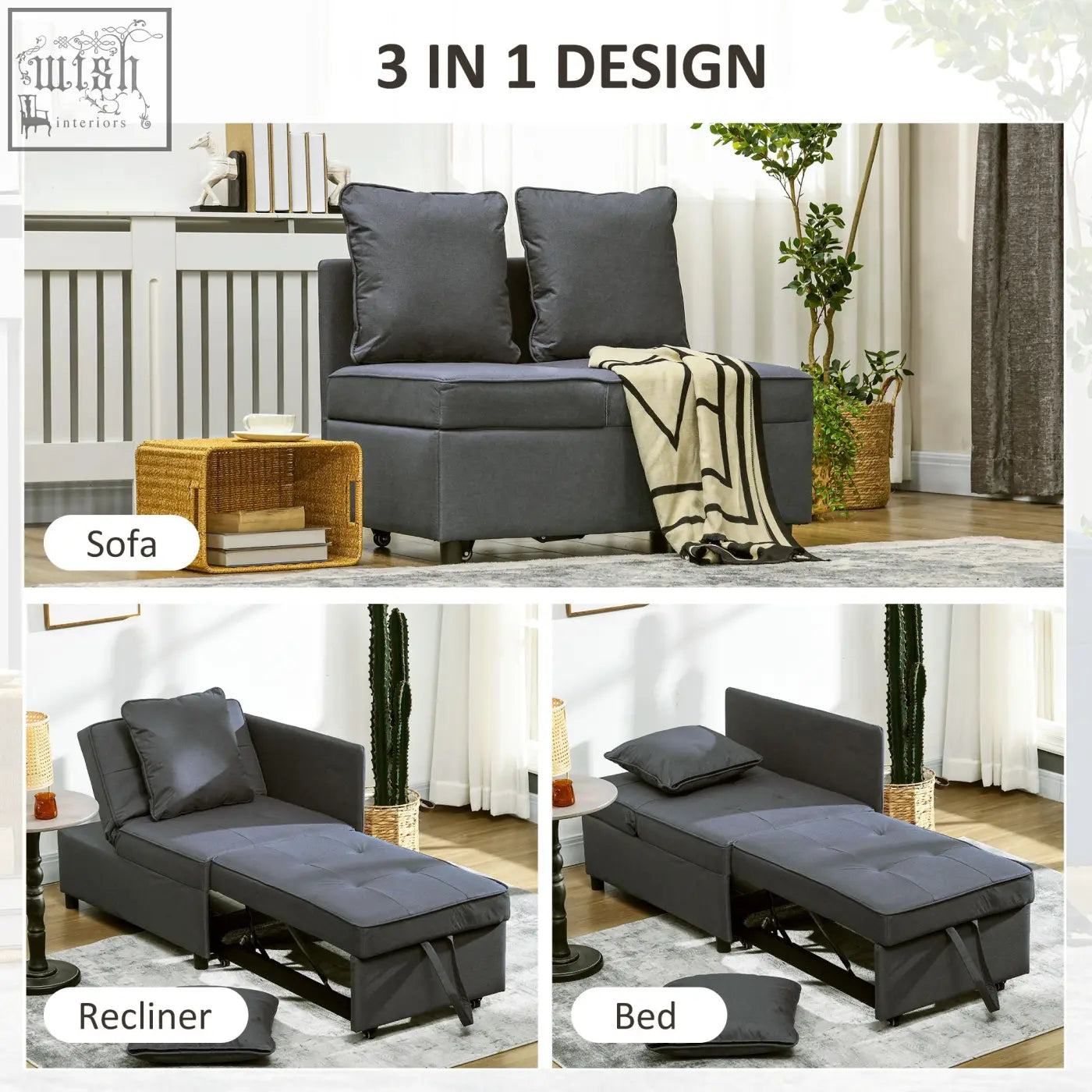 Dark gray homcom convertible single chair bed with thick padded seat for studio flats and living rooms
