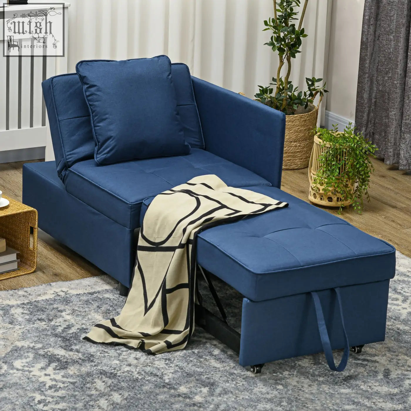 Blue upholstered homcom chair bed with thick padded seat and tufted ottoman perfect for studio flats living room