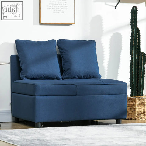 Navy blue upholstered homcom convertible chair bed with thick padded seat and matching pillows for studio flats and living rooms