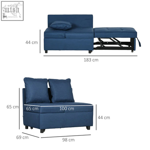 Blue upholstered homcom convertible chair bed with thick padded seat and tufted design for studio flats living room
