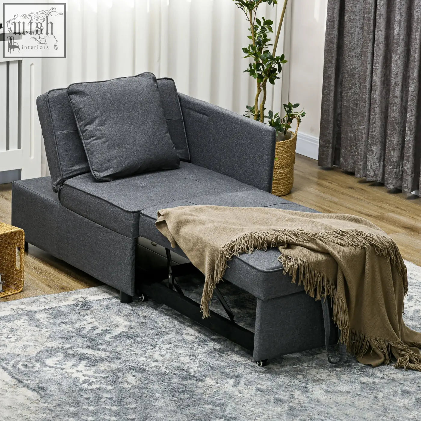 Gray fabric homcom convertible single chair bed with thick padded seat and tan throw for studio flats and living rooms