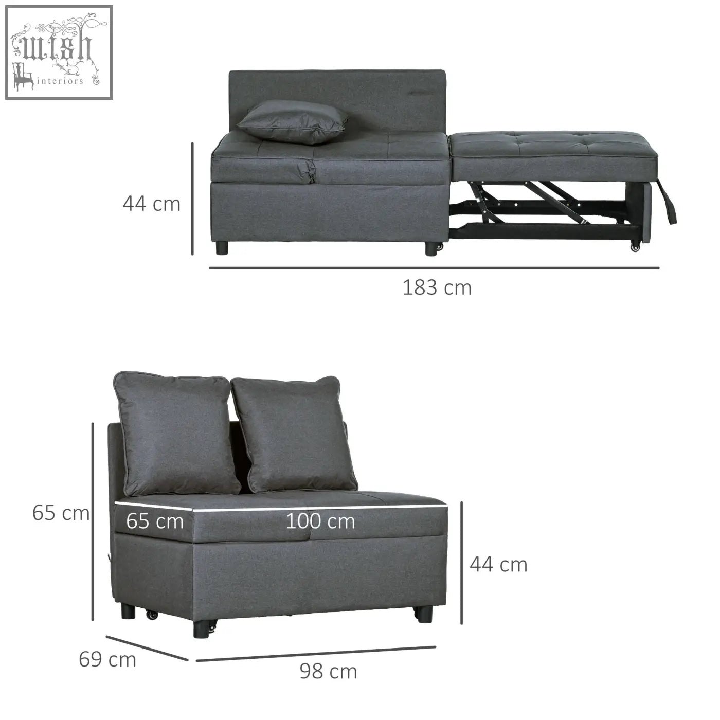 Gray upholstered homcom chair bed with tufted padded seat and two throw pillows perfect for studio flats