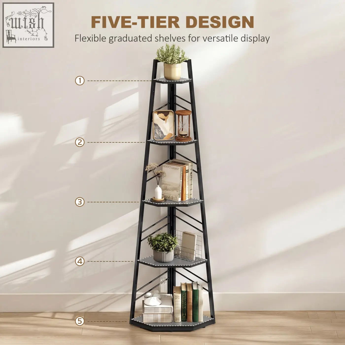 Black metal five-tier corner bookcase with graduated shelves for versatile display in living room or study