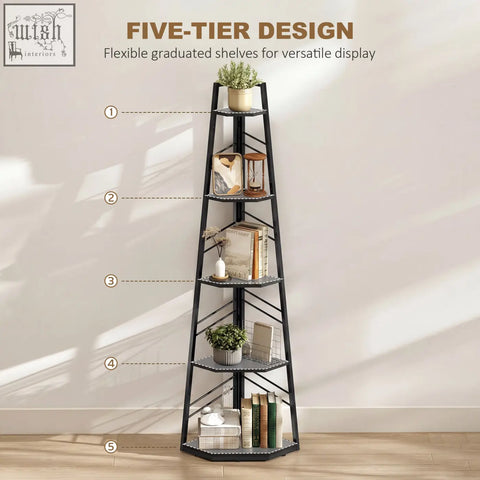 Black metal five-tier corner bookcase with graduated shelves for versatile display in living room or study