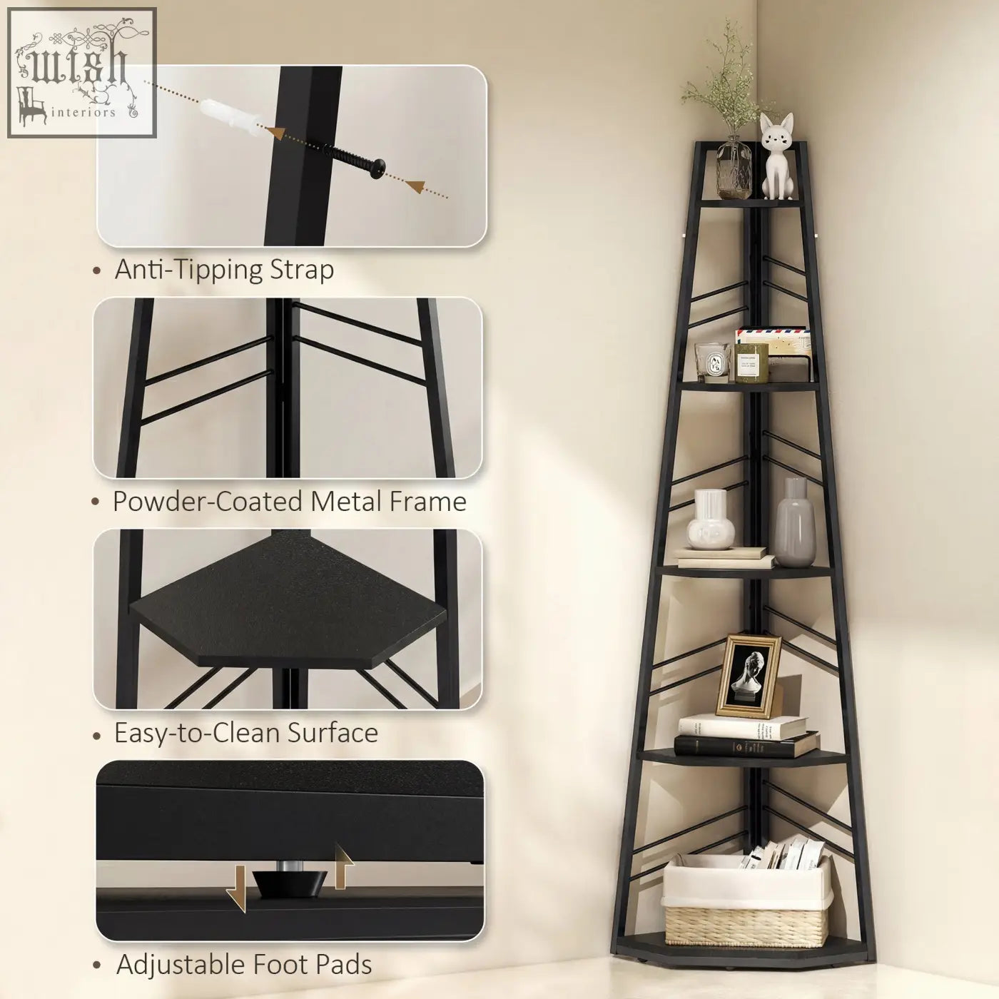 Black powder-coated metal corner bookcase with triangular design and five tiers for living room and study use