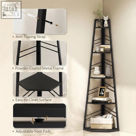 Black powder-coated metal corner bookcase with triangular design and five tiers for living room and study use