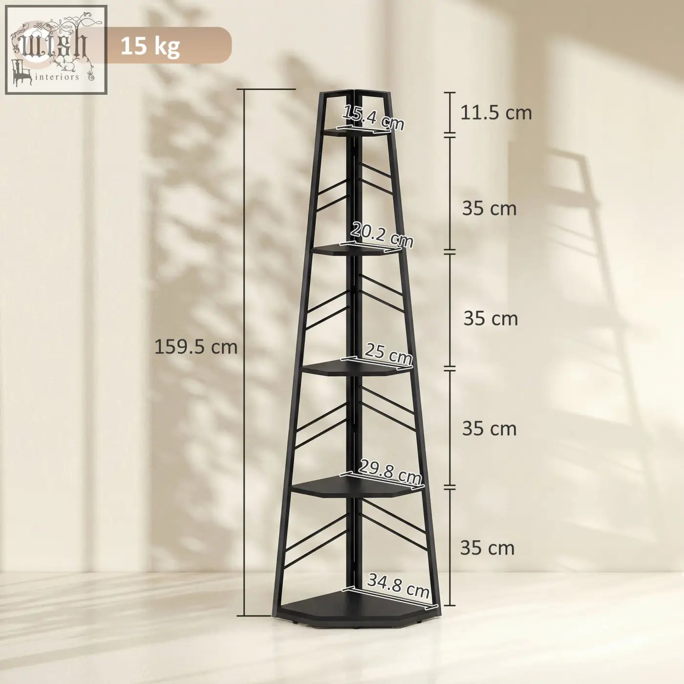 Black metal corner bookcase with five tiers and diagonal support bars ideal for living room or study storage