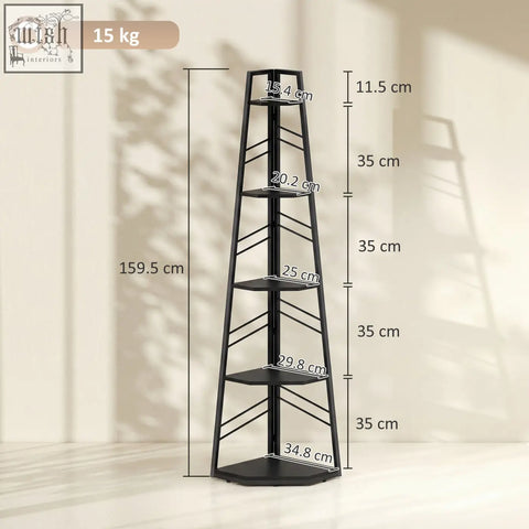 Black metal corner bookcase with five tiers and diagonal support bars ideal for living room or study storage
